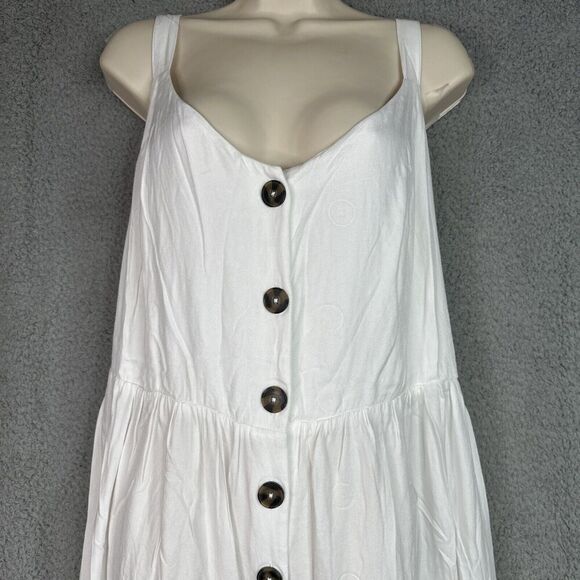 Cottagecore Midi Dress Button Front A-Line White Plus Size 24 V-Neck Smocked - Picture 4 of 16